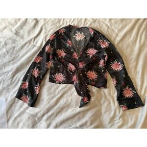 RT Black Floral Protea Print Tie Front Long Sleeve Crop Top Blouse Medium
